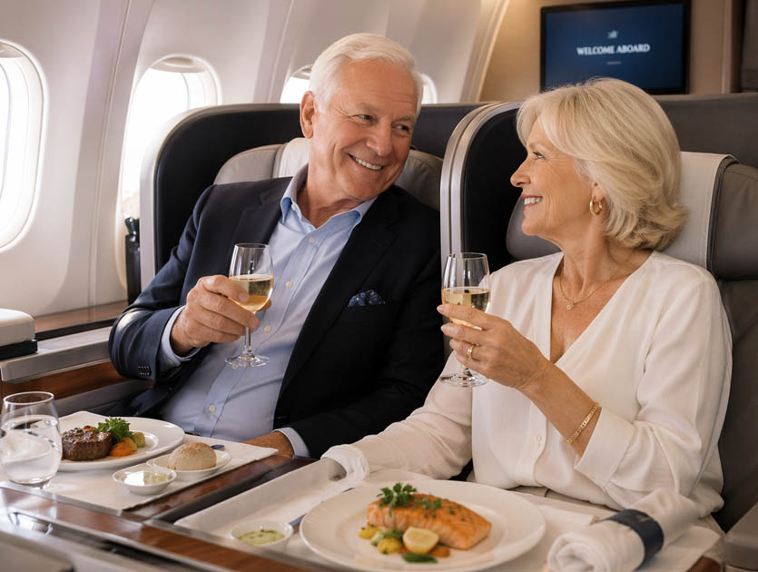wealthy senior couple, traveling first class